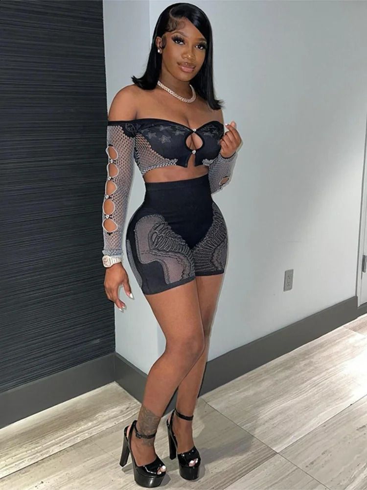 kliou Mesh Patchwork 2 Piece Set Sexy Summer Thin Off SHoulder Full Sleeve Hollow TopElastic Matching Shorts Sheer Clubwear 250319