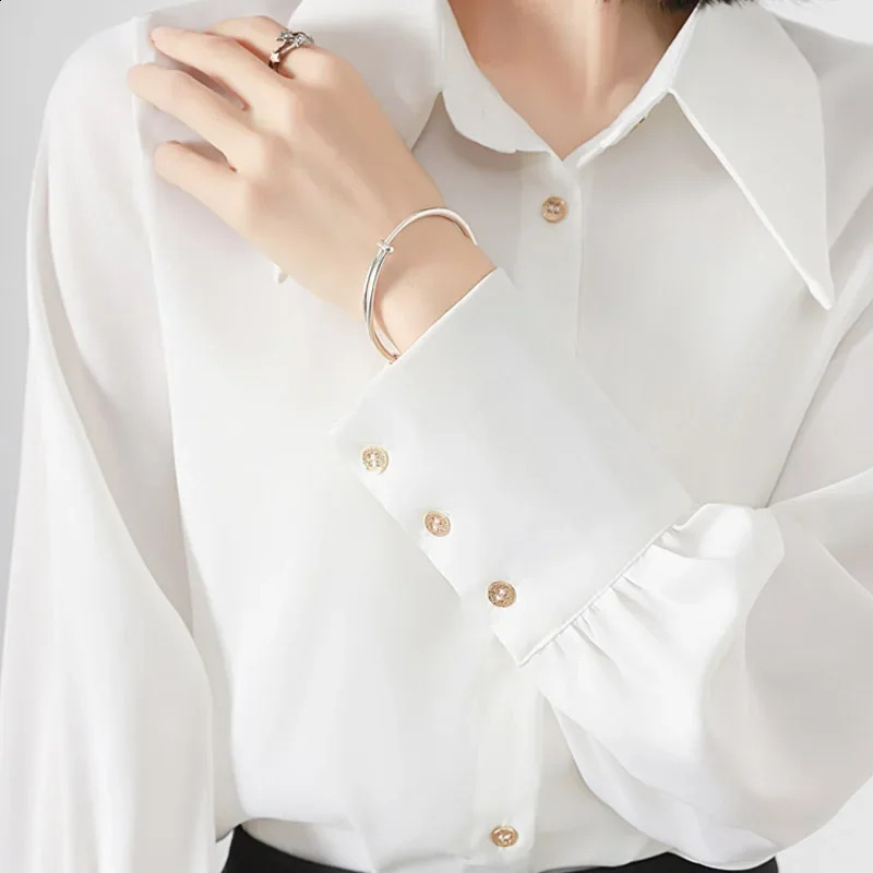 Spring Summer Satin White Womens Blouse Long Sleeve Elegant Korean Workwear Office Lady Casual Loose Shirts Female 250318