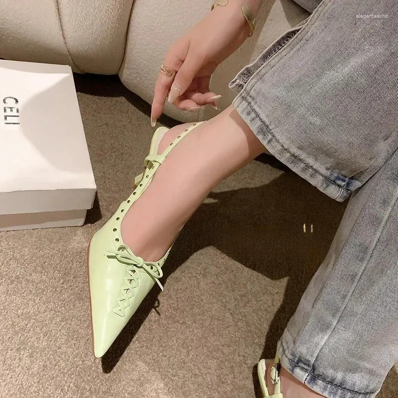 2025 S Fashion Designer Sandals Summer Women Natural Leather Shoes Cm Cowhide Sheepskin Pointed Toe Rivet Bow Back Loop High Heel