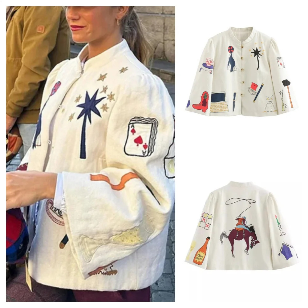 SpringSummer Cartoon Printed Baseball Womens Simple Round Neck Single Chest Casual Long Sleeve Jacket Coat 250317