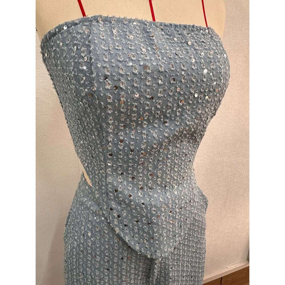hoodie Tight Dress Fashion Sequins Denim Set Women Strapless Tunic Waist Crop Top And Wide Leg Pant Suit New 2 Piece Sets Outfits Tracksuit jacket