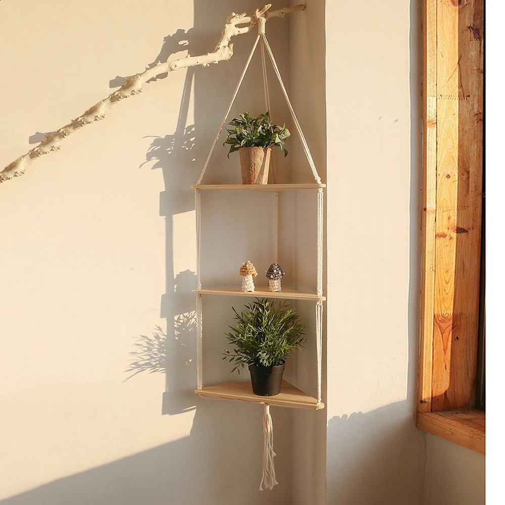 Corner Shelf Macrame Wall Hanging Wood Floating Shelves Rustic Boho Wall Shelf Decor Storage Rack for Plants Pots Po Frames 250314