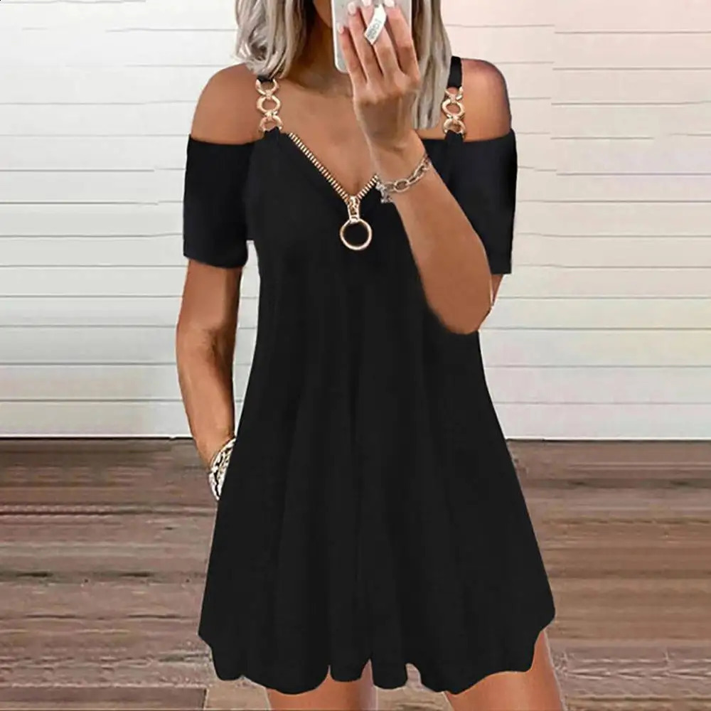 Fashion Womens Summer Casual Plus Size Dress Chain Closed Vneck Sleeveless Sexy Solid Color Communicating Daily Wear 250319
