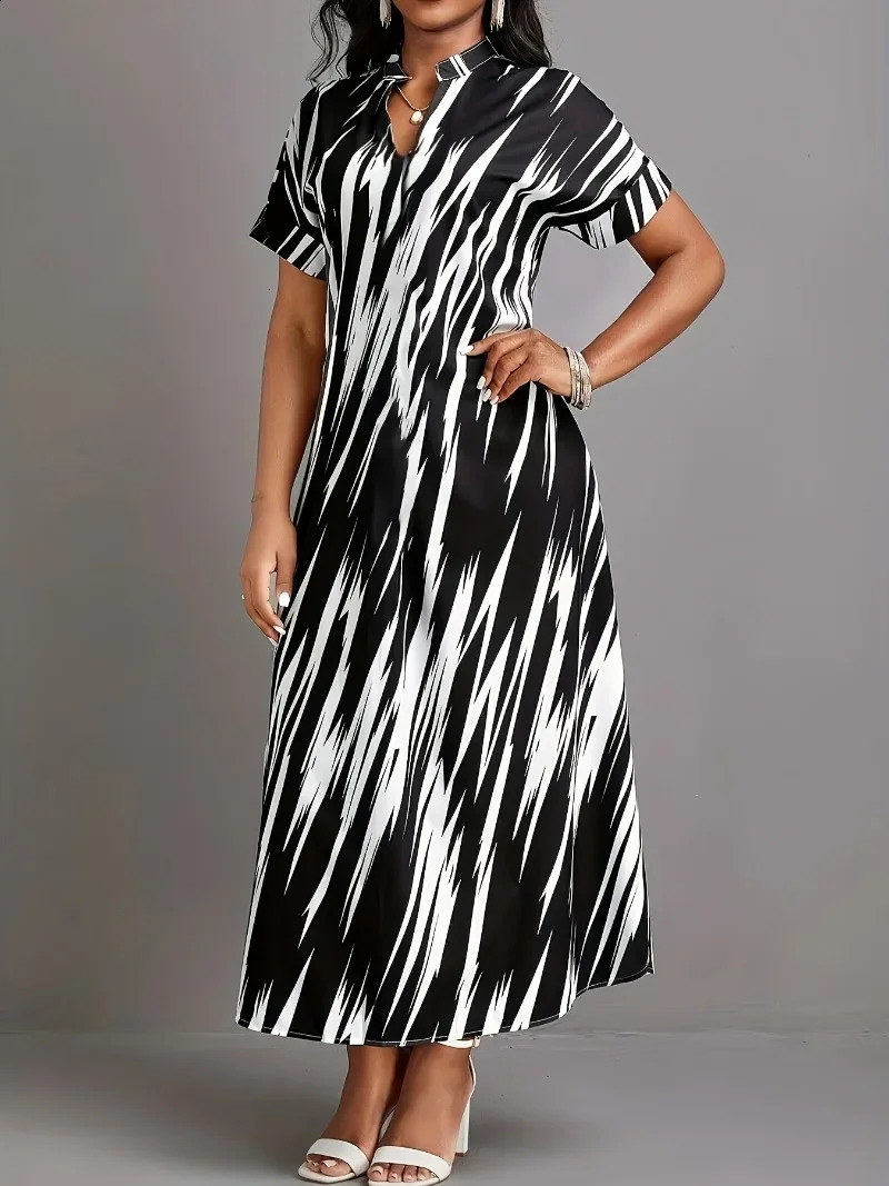 Plus Size 1XL5XL Womens Geometric Printed Knee Length Dress Split Short Sleeve Elegant Fashion Casual Long 250319