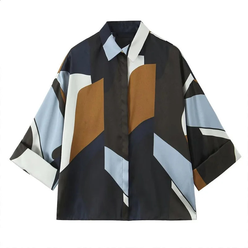 ZBZA Womens Satin Printed Flip Collar Long Sleeve Hidden Single Chest Top SpringSummer Casual Slimming Unique Shirt 250319