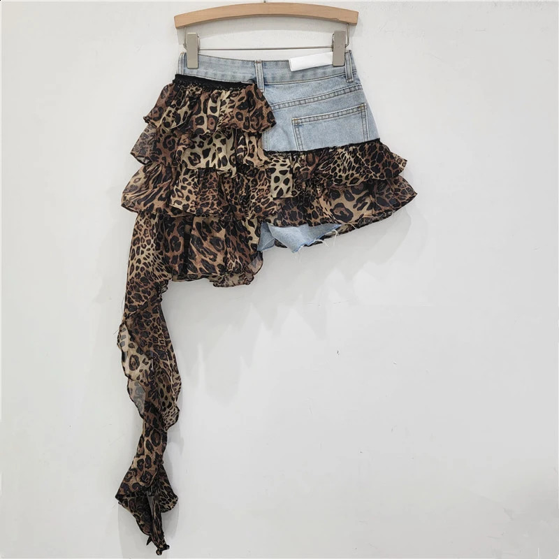 DEAT denim patchwork womens irregular sprint summer chiffon mini sprint womens trend 33A1587 250317