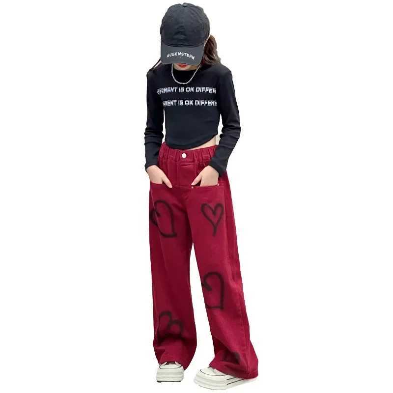 Teen Love Graffiti Girl Wide Leg Jeans Teen Children Street Dance Pants Casual Big Children Labor Male Servant Hip Hop Cargo Pants 4-14YT250318