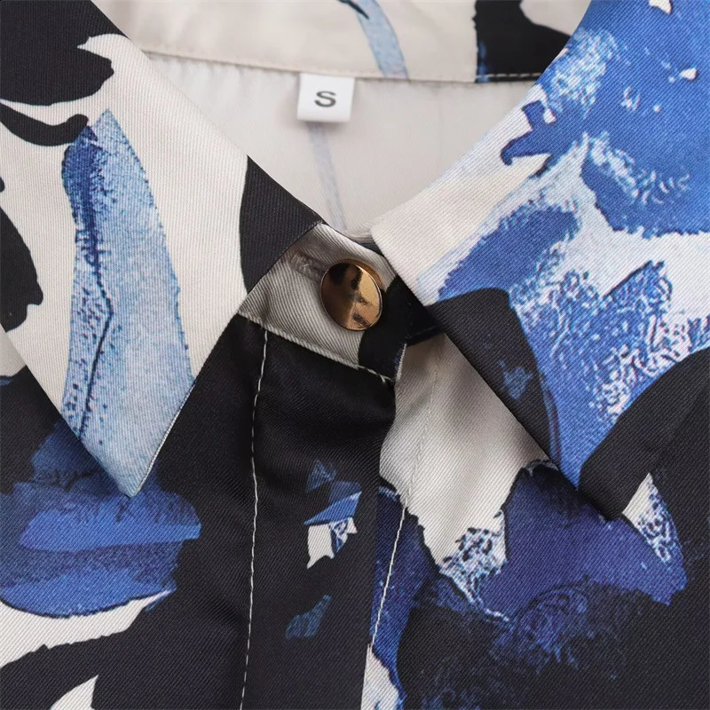 Printed silk satin textured shirt womens long sleeved laminated decorative and top 250319