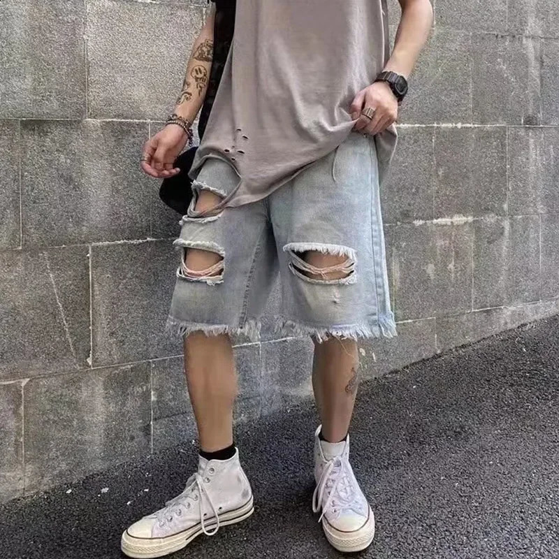 Mens Retro Hollow Open n Straight Jeans Shorts Street Clothing Trend 2025 SpringSummer Fashion Denim 250319