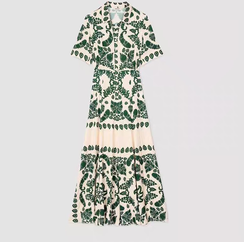 Women Green Paisley Print Midi Dress Elegant 2025 Spring New French Short Sleeve Ladies Long DressesCollar V-neck short sleeved top and pants set