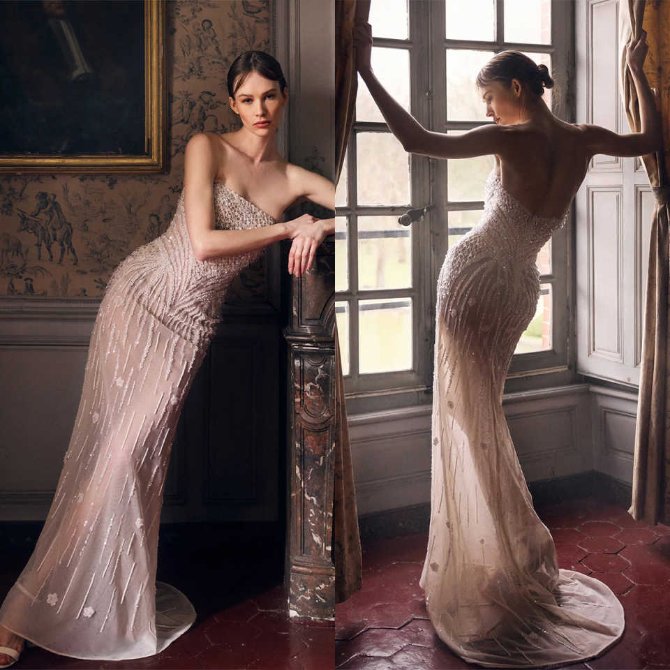 Glamorous Prom Dresses Mermaid Shining Sequins Strapless Beaded Sleeveless Custom Made Zipper Court Gown Evening Dress Plus Size Special Occasion Vest