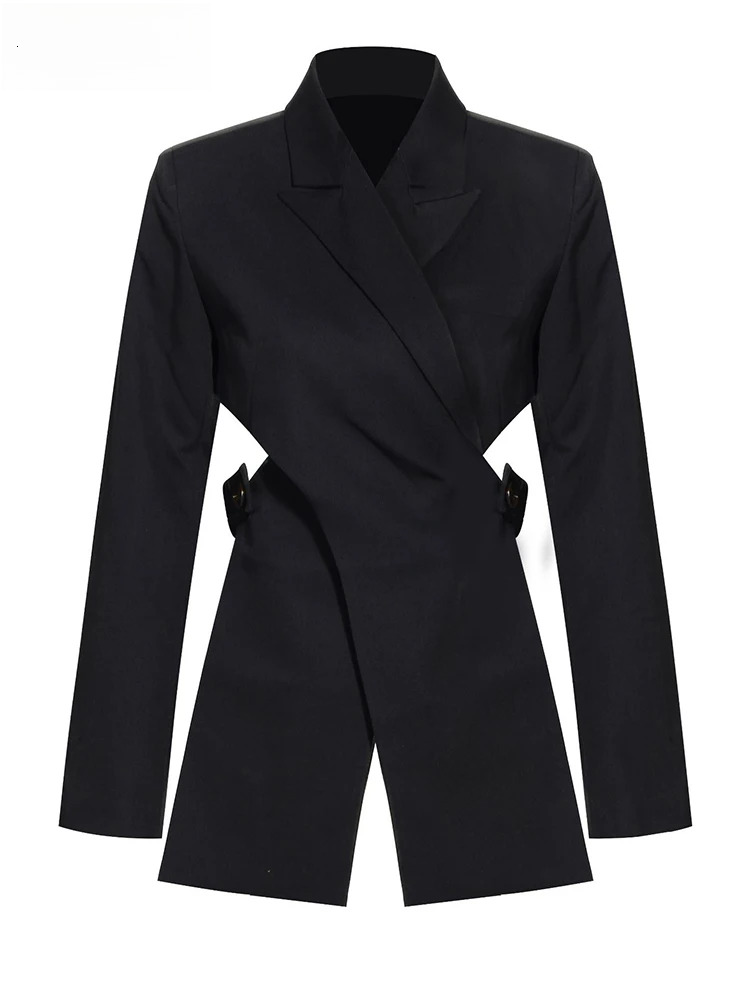 Women Black Cross Bandage Short Blazer New Lapel Long Sleeve Loose Fit Jacket Fashion Tide Spring Autumn 2025 1T126