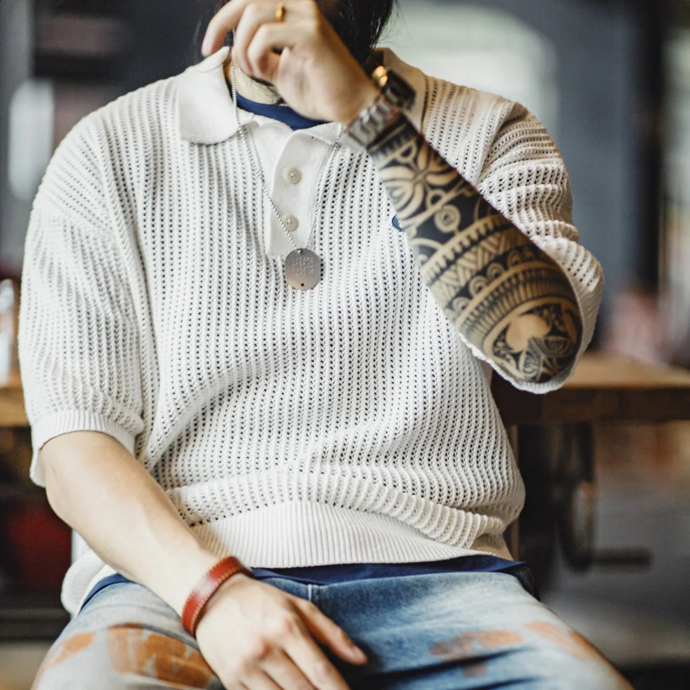 Maden Retro Knitted Hollow Short-sleeved Polo T-shirt IVY Half-Open Lapel White T-shirt for Mens Summer Tops Fashion Tee 250317