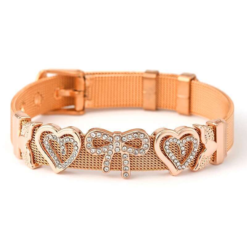 10mm Crystal Bowknot Heart Beads Charm Bracelets DIY Stainless Steel Mesh Keeper Bracelets Pulseras Mujer For Women Men Jewelry