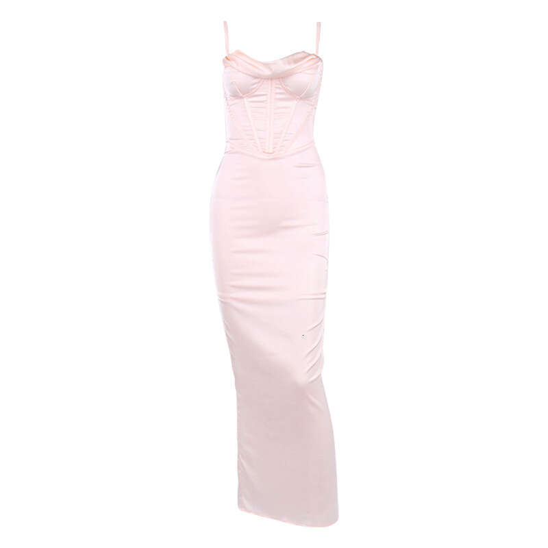 Sexy Women's Dress New Sexy Pile Up Collar Satin Fishbone Pleated Suspender Long Skirt