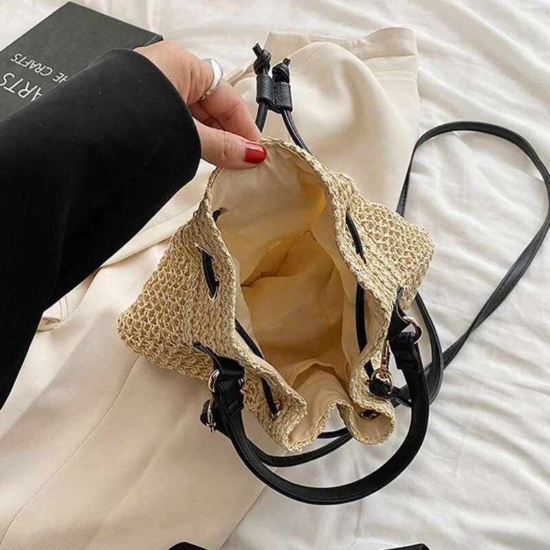 Woven Straw Ladies Bucket Crossbody Summer Beach Bag Retro Shoulder Bags Small Travel Purse And Handbag For Women