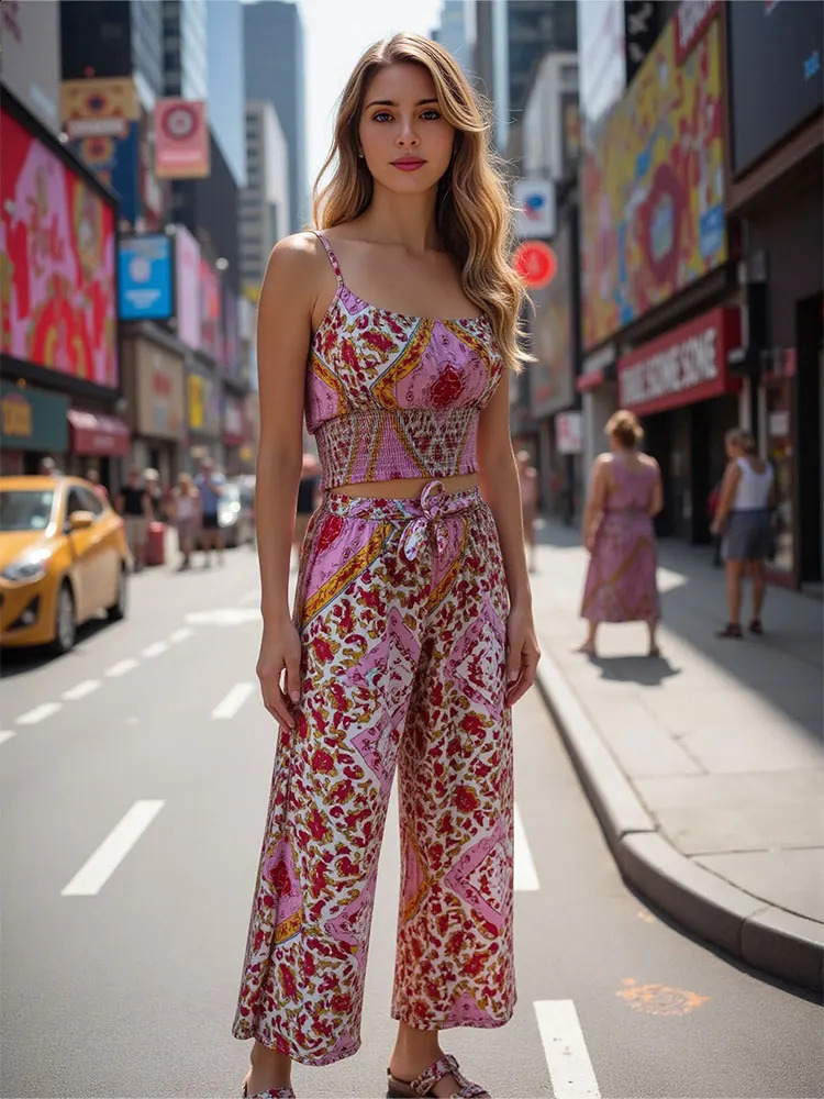 TRAFZA Summer Women Boho Two Piece Print Outfits Strap Sleeveless Tops High Waist Drawstring Trousers Holiday Beach Lady Sets 250319