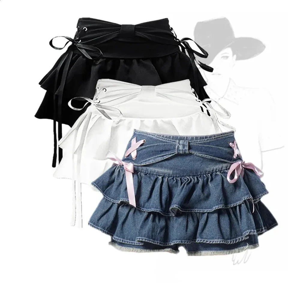 Fashion Womens Girl Sweet Kawaii Bow Vintage Y2k Clothing American Street Clothing Sexy Summer A-line Gothic Mini Cowboy Skirt 250317