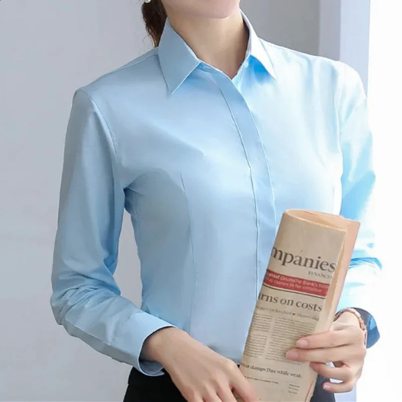 Elegant womens shirt white long sleeved office business pink button solid work top 250319