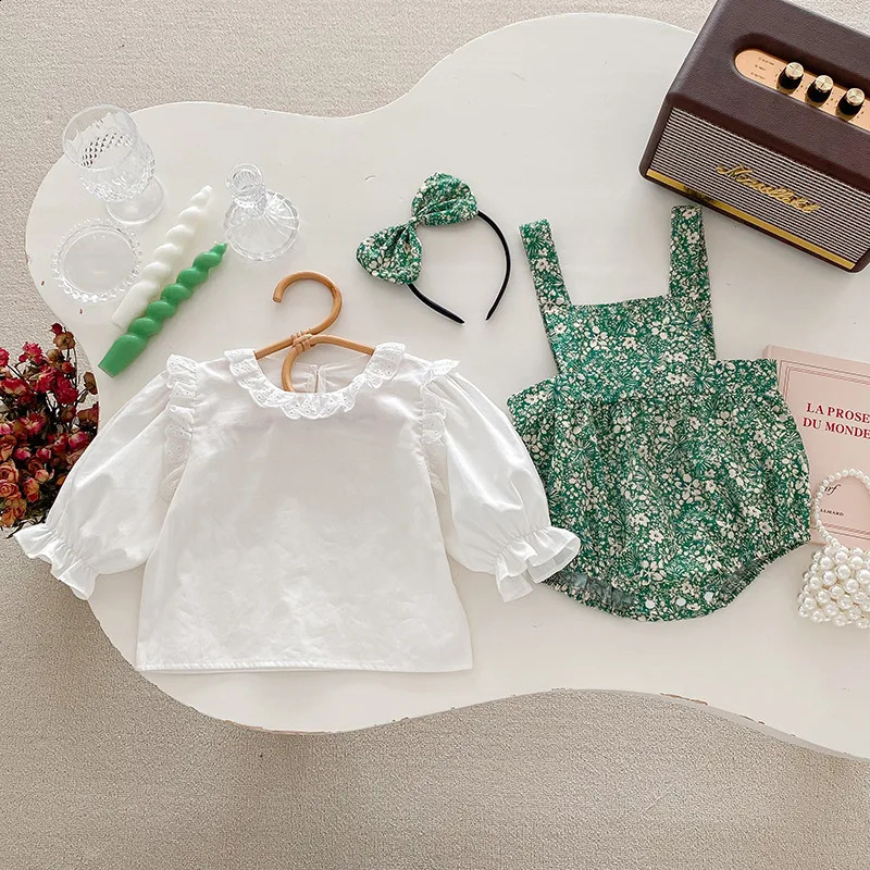 Autumn Baby Girl 2PCS Clothing Set Cotton Lace Collar Solid Shirt Green Leaf Printed jumpsuit Preschool 250319