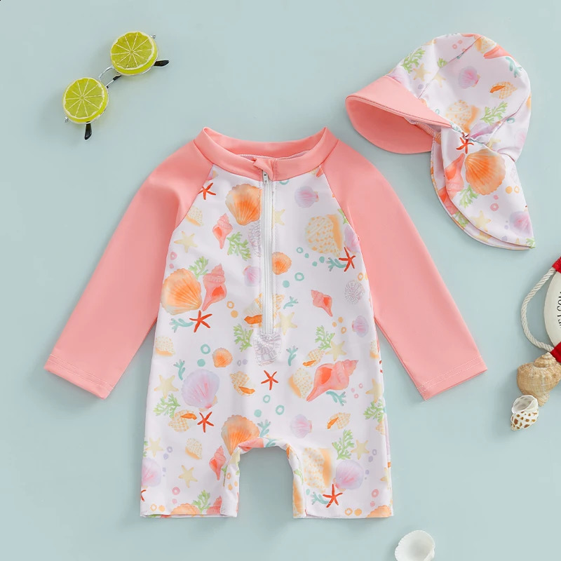 1-5T Toddler Girls Rash Guard Swimsuit with Hat 2 Pcs Set Shell Pattern Zip Up Long Sleeve Crew Neck Baby Girls Swimwears 250319