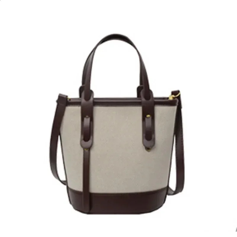 Fashion Versatile PU Canvas Bucket Shoulder and Crossbody Bags Simple Casual Sense of Retro Handbags for Women 250317