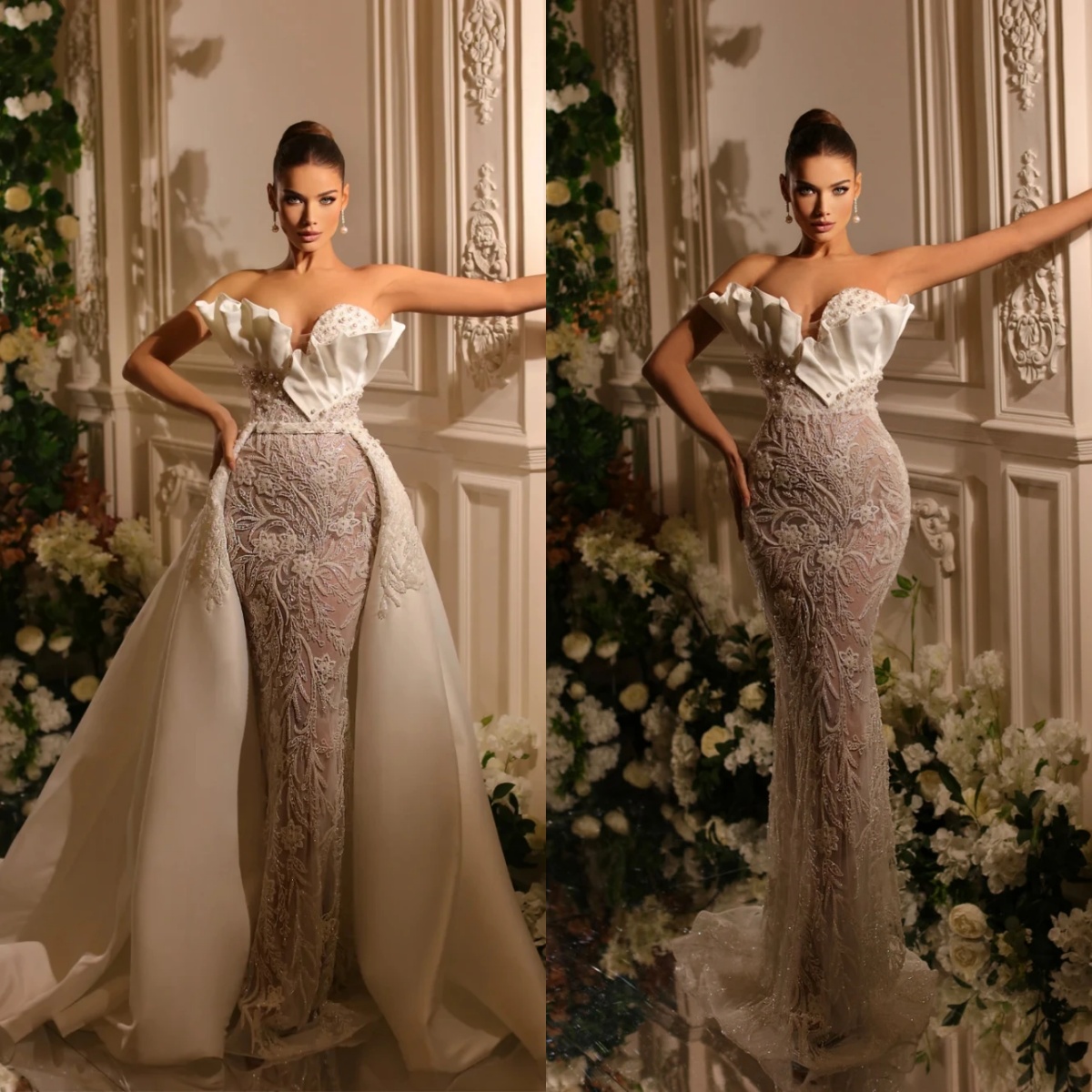 Mermaid Wedding Dress Sweetheart Neck Sleeveless Bridal Gowns Pearls Lace Sequins Detachable Train Dresses Custom Made vestidos de novia