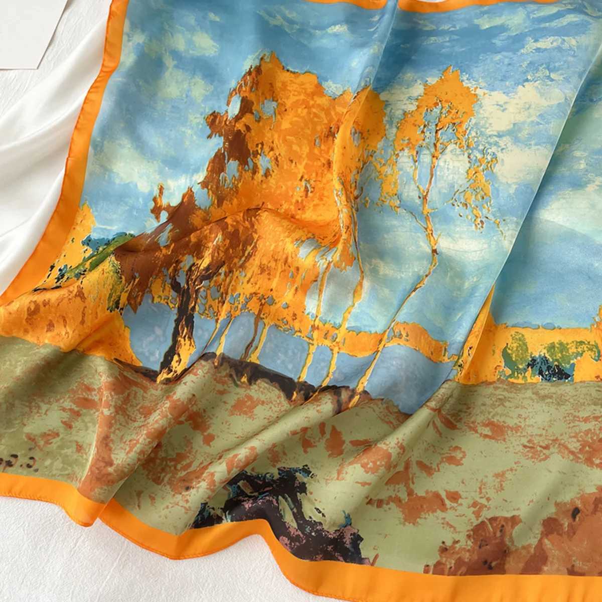 Tree oil printing collar classic silk like square scarf breathable bandage packaging hair accessories X250319