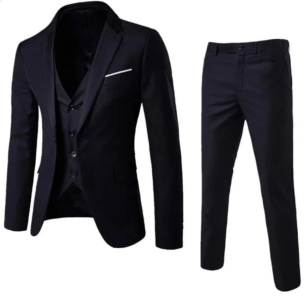 Korean Style Men Blazer Vest Pants Set Casual Business Buttons Cuff Trousers Suit Wedding Groom Formal 250311