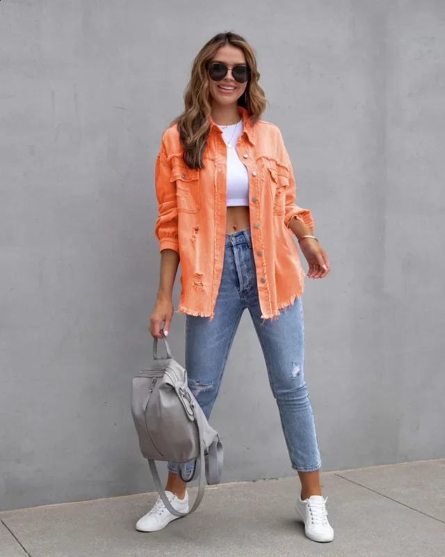Womens Fashion Pocket Hole Tassel Turndown Collar Denim Button Casual Boho Full Long Sleeve Spring Winter Cardigan Jacket Coats 250317