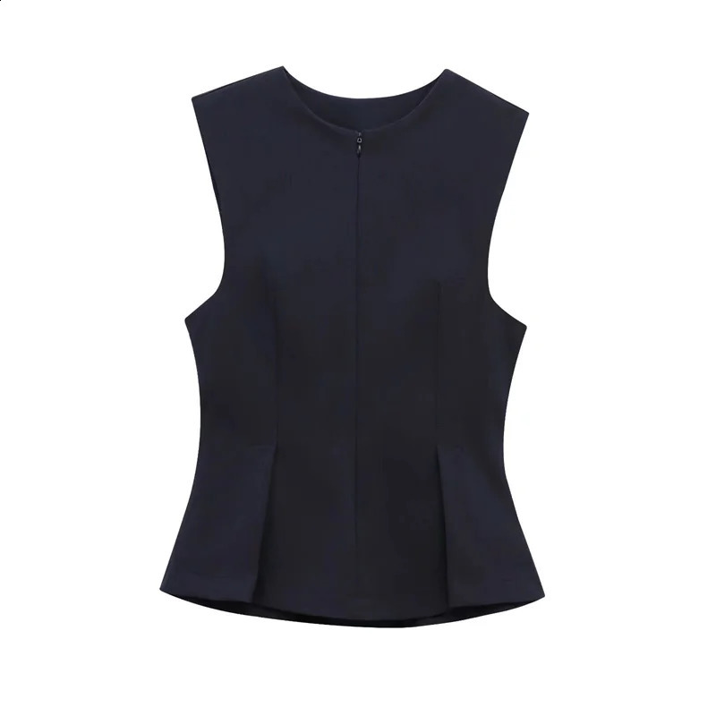2025 Summer Womens Solid Zipper Retro Waist Sleeveless ONeck Vest Fashion Ultra Thin Folded Street Folding Top 250319