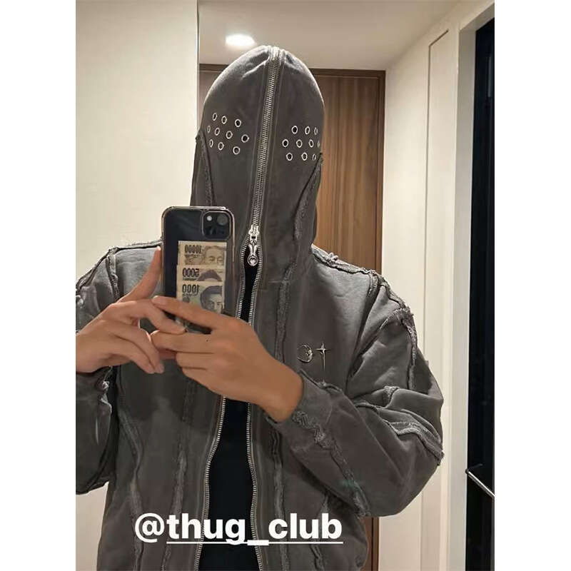 THUG CLUB VIBE Wash Wax Dyed Zipper Shark Masked Hooded Cardigan Short Hoodie Men's Trendy Brand Coat