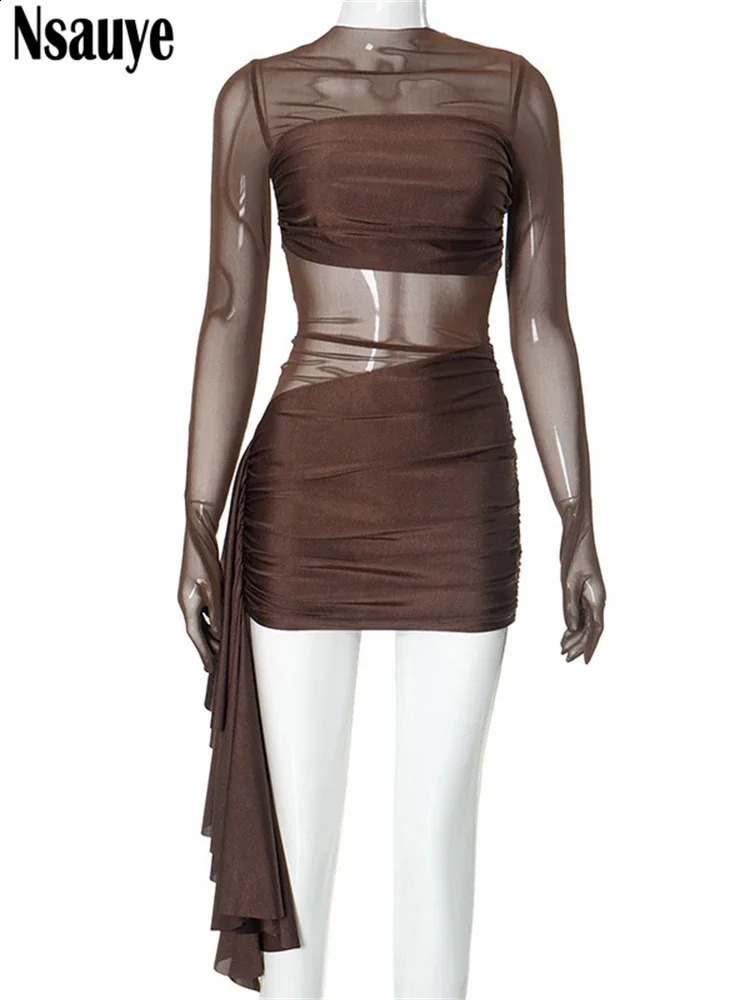 Nsauye Pullover Women Sexy Mesh Long Sleeve Clubwear Y2K Dress Mini Outfits See Through Low Waisted Party Female Dress 250319