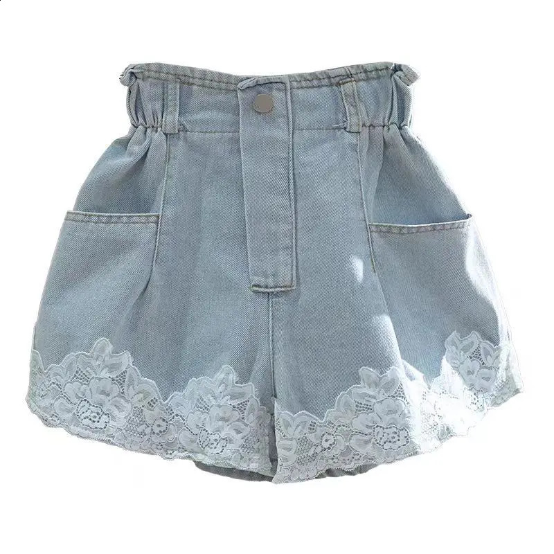 Girls Straight Lace Jeans Summer Childrens Versatile Wide Leg Shorts Sweet Casual Pants Fashion Girl Jeans Clothes 250319