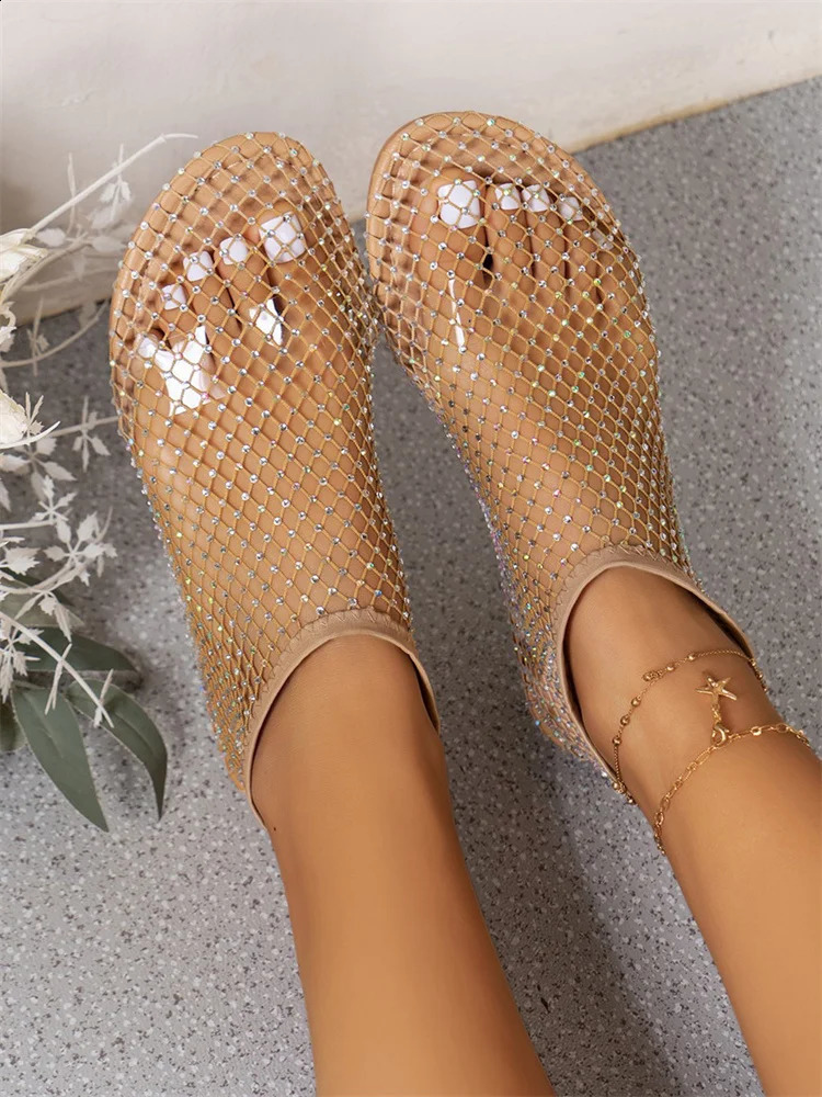 Msfilia Round Toe Sandals With Hollowed Out Internet Famous Diamond Studded Short Boots Summer Sexy Plus Size Flat Shoes 250317