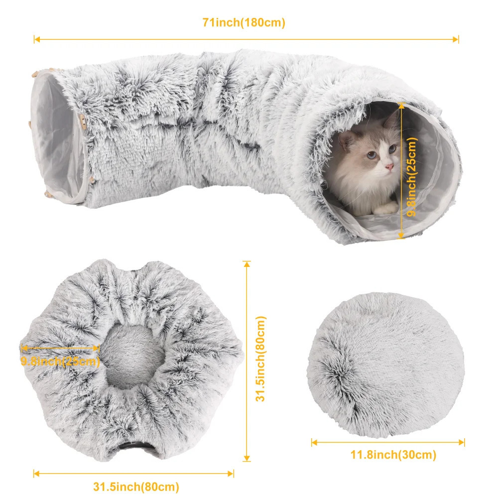 Cat Beds Furniture Plush Pets Cat Kennel Gray Foldable Round Cats Nest Crossing Tunnel Bed Winter Warm Collapsible Basket Cushion Mat Pet Supplies