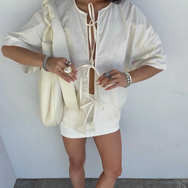 Womens lace cotton shirt pants set solid casual loose half sleeved bow tie wide leg mens summer dress 250319