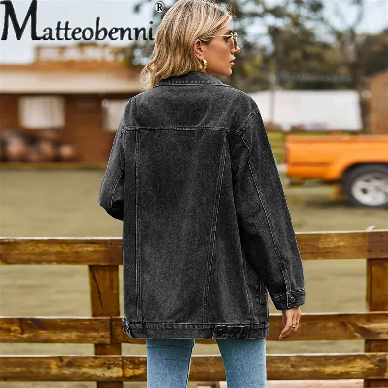 Retro denim jacket womens autumn loose lapel single breasted open top coat fashionable casual commuting 2024 250319