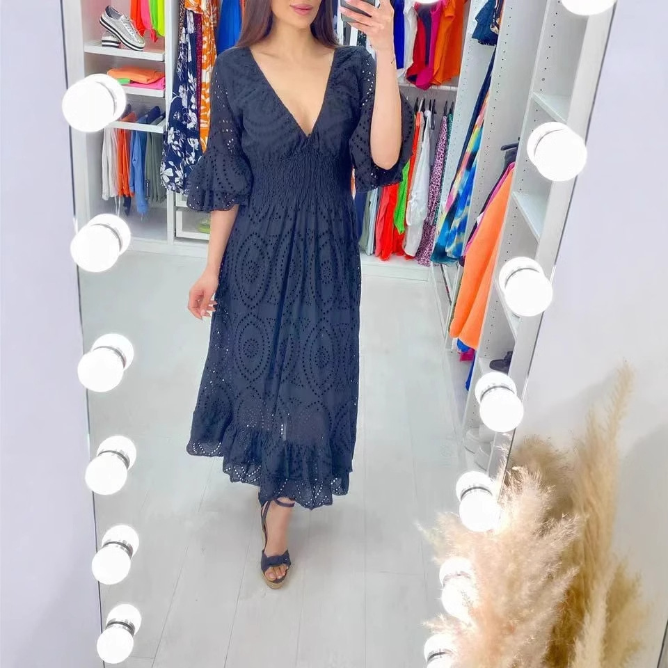 GY24118 Fashion V-neck Flare Sleeve Large Swing Cotton Leprosy Dress New Product
