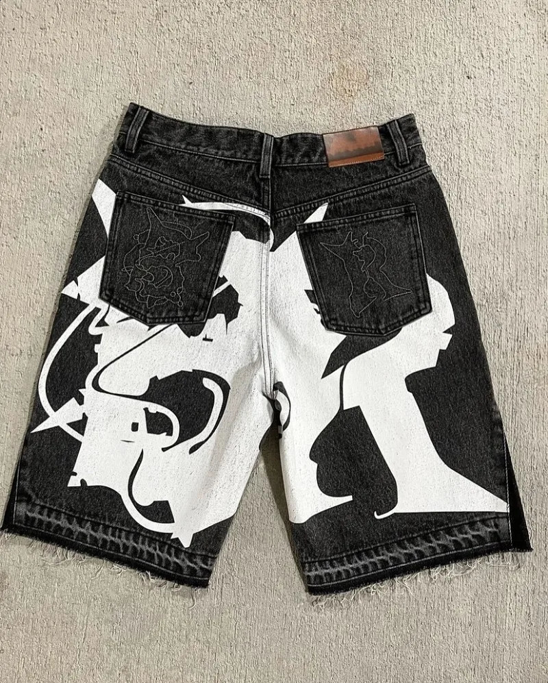 American Fashion Letters Flocking Oversized Printed Baggy Denim Shorts Men Y2K Harajuku Vintage Hip Hop Pop Wide-leg Shorts 250319