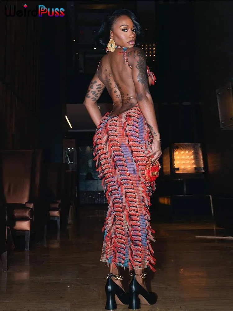 Weird Puss Sexy Hollow Dress Women Knit Colorful Tassel Backless Y2k Summer Trend Stretch Sleeveless Elastic Bodycon Clubwear 250319