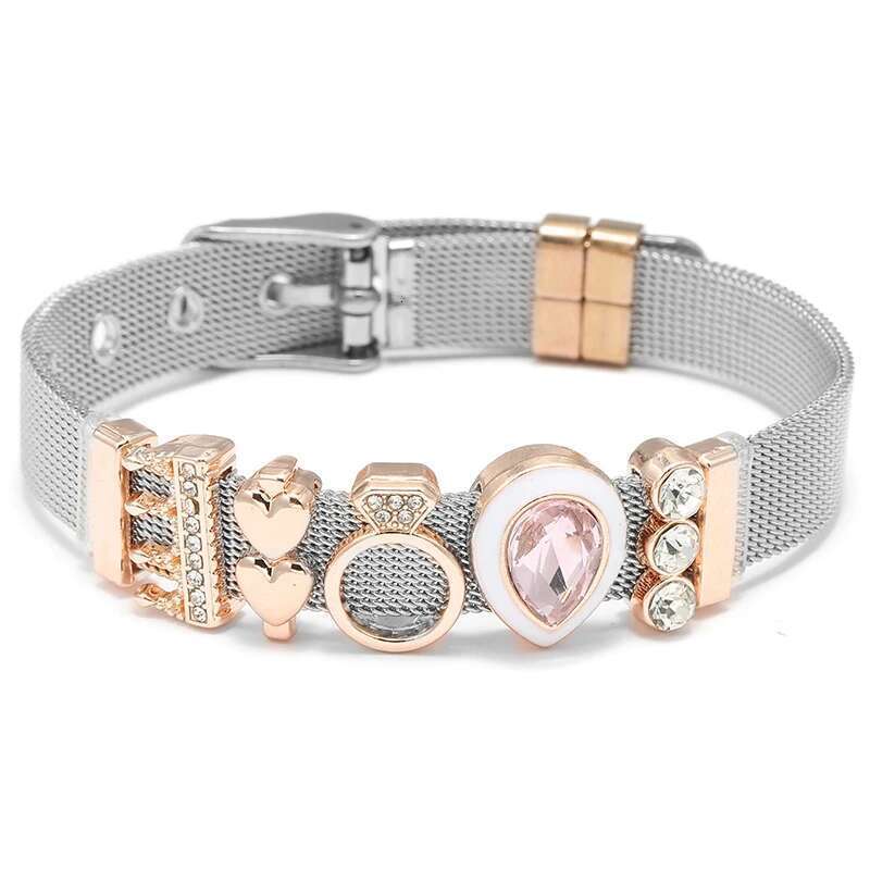 Fashion Stainless Steel Mesh Bracelets Original DIY Crystal Crown Heart Beads Buckle Keeper Bracelets For Women Men Jewelry Gift