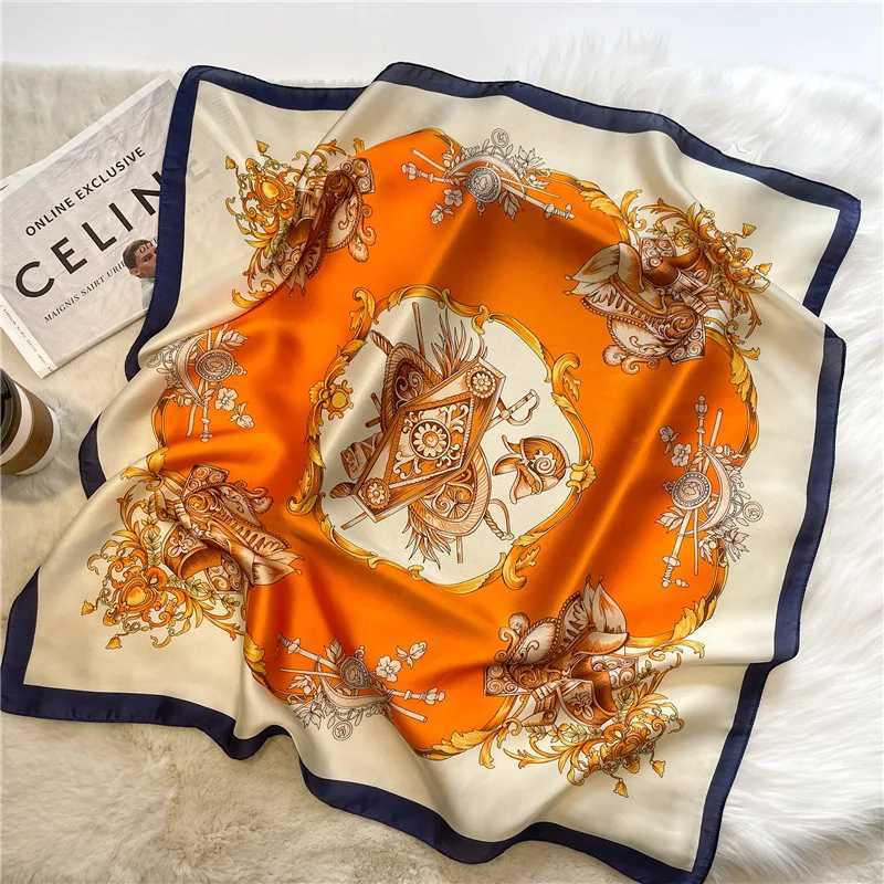 Elegant satin square scarf orange and blue altar print imitating silk scarf breathable and windproof fashionable accessory X250319