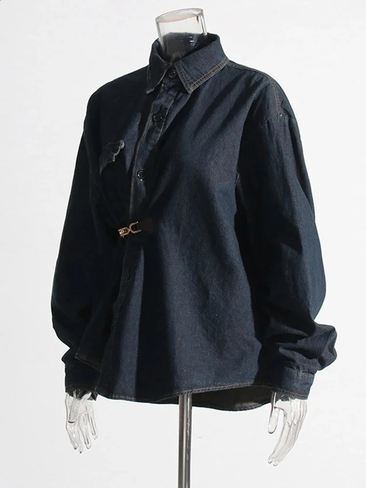 Solid splicing work metal casual denim jacket for women featuring a lapel collar long sleeved patchwork pockets minimalist loose fit and womens style 