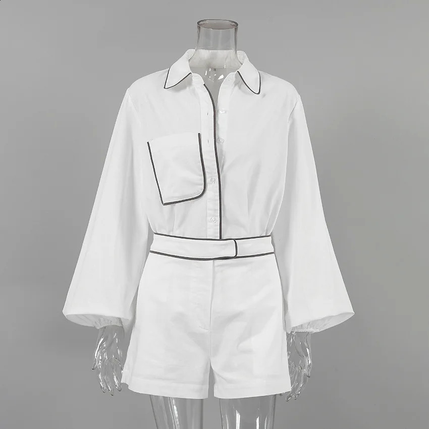 Womens Casual Shorts Set Summer Cotton Linen Long-Sleeved Black White Contrasting Color Shirt Shorts Set Two-Piece Set 250319