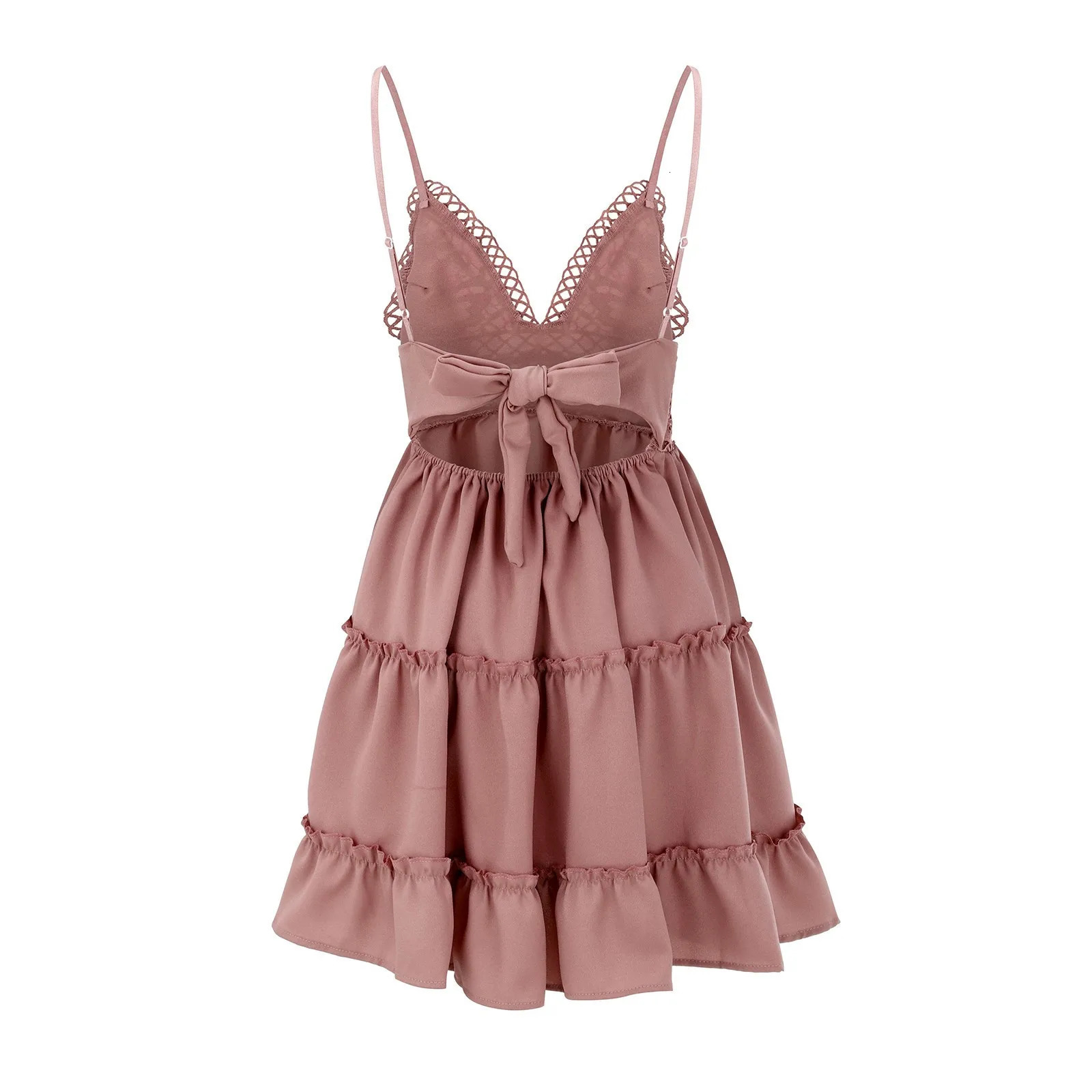 Dresses On Sale Clearance Womens Sexy Spaghetti Strap Backless Lace Bow Tie Contrast Dress Elbise 250314