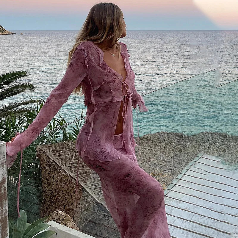 Y2K Beach Outfits Graphic Print 2 Piece Set Ruffles Mesh Front Tie Up T Shirts Crop Top Maxi Skirt Bodycon Women Fairy Grunge 250319