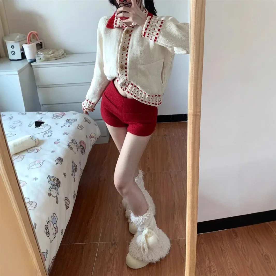 Retro Knitted Cardigan And Casual Red Pants Set for Women Year Fashion Single Piece Turndown Collar Color Block n 250319