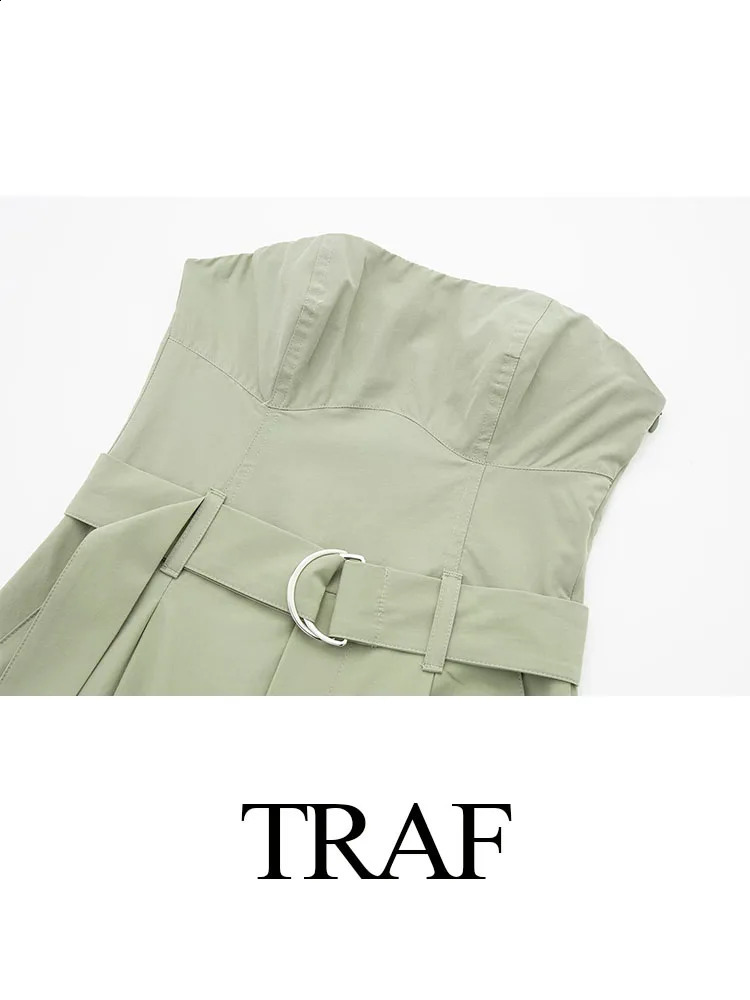 TRAFZA Spring Women Fashion Y2K Jumpsuit Solid Green With Belt Sleeveless Green Cargo Pants Loose Chic Female Clothing Street 250319
