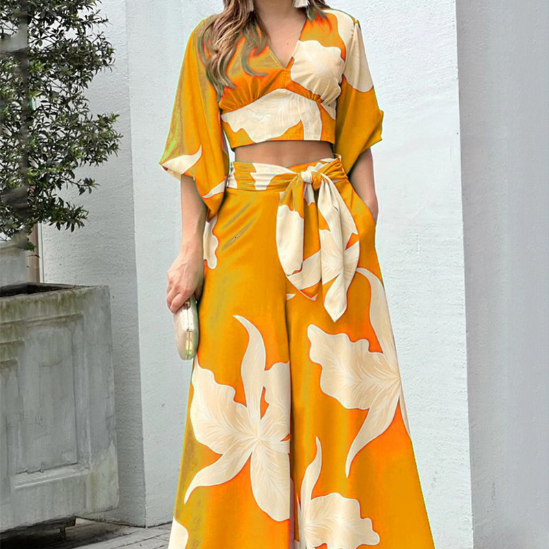 2025 New V-neck Lantern Sleeve Short Top High Waist Wide Leg Pants Spring Women's Set